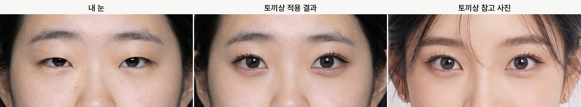 Rabbit look, my eyes, the applied result, and the reference photo